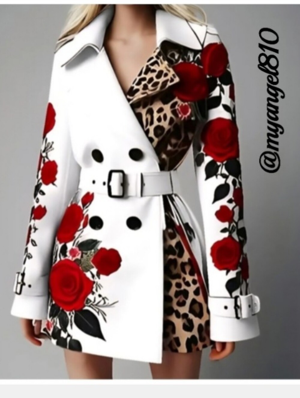 White Double-Breasted Blazer with Red Rose & Leopard Print, Size XL - Picture 2 of 7